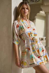 By Rosa: BY ROSA. ADORATION TROPICAL POSTCARD SS BUTTON FRONT MINI DRESS