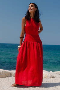 Stories Be Told: STORIES BE TOLD RESULTS RED LINEN BLEND STRUCTURED SLEEVELESS MAXI DRESS