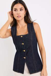 Stories Be Told: STORIES BE TOLD VIEW INDIGO DENIM SQUARE NECK VEST