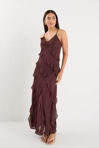 GEORGIA MAE GALORE CHOCOLATE BIAS RUFFLE SLIP MAXI DRESS