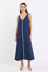 RE:UNION SIESTA NAVY LINEN CONTRAST SLEEVELSS MAXI DRESS