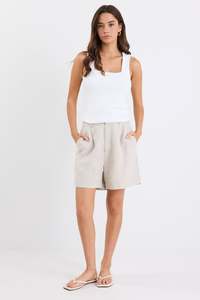 STORIES BE TOLD LITERAL NATURAL LINEN PLEAT FRONT SHORTS