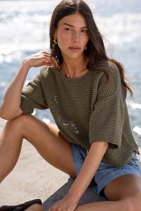 Womens: AMONG THE BRAVE SUNRISE LIGH KHAKI SS CROCHET KNIT TOP