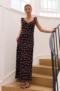 AMONG THE BRAVE JOYOUS CHOCOLATE BLUE POLKA DOT BIAS SLIP MIDI DRESS