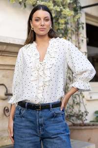 AMONG THE BRAVE GARNISH CREAM BLACK POLKA DOT FRILL FONT TOP