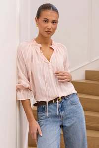 AMONG THE BRAVE EXPEDITION BLUSH SELF STRIPE SHIRRED NECK SS TOP
