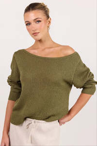 AMONG THE BRAVE EVENTIDE KHAKI OFF SHOULDER LS JUMPER
