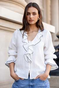 AMONG THE BRAVE BOHEMIAN IVORY BLACK TRIM SHEER FRILL FRONT BLOUSE