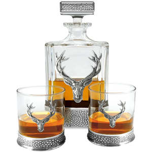 Crystal Living: English Pewter Company - Regal Stag Rectangular Pewter Decanter Set with matching Tumblers