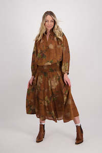 Hazelle Tan Floral Ramie Skirt