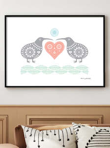 New Zealand Art Prints 1: KIWI LOVE (Aroha) Modern Folk Art Print Free Worldwide Shipping