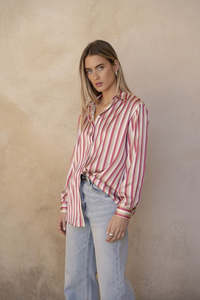 Apparel: Clara Burgundy Striped Satin Shirt Large