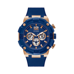 Guess Watches: GW0264G4 Guess Navigator Blue Dial Rose Gold Case Blue Silicone Gents Watch