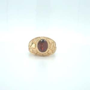 Vintage Style Oval Natural Garnet Ring with Textured Gold Band