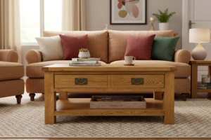 Coffee Table: Oak Coffee Table with One Drawers