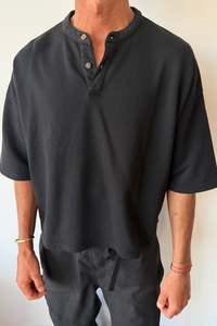 Mens Tees: Fleece Crop Henley Tee Black