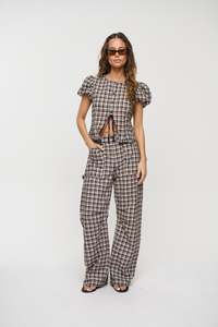 Womens Tops: Bardot Top Beige Tartan