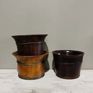 Buckets And Bowls: Antique Wooden Rice Barrel w Metal Rings