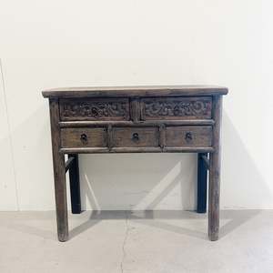 Tables And Bedsides: 25243 Antique Elm Carved Hall Table 940 x 390 x 860H