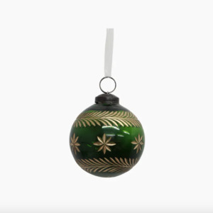 Candles: Etched Glass Bauble GREEN & GOLD 80mm