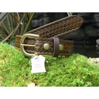 Basketweave Antique Brown Western Leather Belt and Buckle
