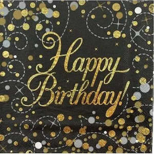 Roaring 20s Great Gatsby Party: Sparkling Fizz Black & Gold Happy Birthday Napkins 16 Pkt
