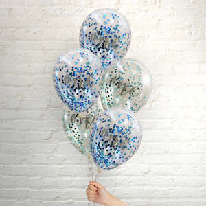 Themed Latex Balloons: Pop Balloons Blue & Green One Confetti Balloons - 5 Pkt