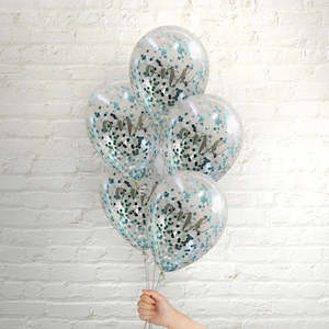 Themed Latex Balloons: Pop Balloons Blue One Confetti Balloons - 5 Pkt