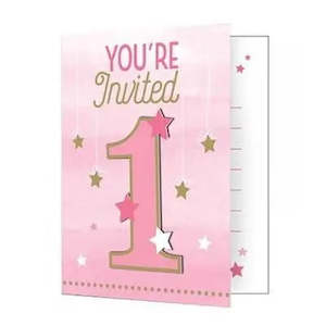 One Little Star Pink 1st Birthday Invitations - 8 Pkt