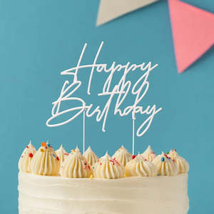 Happy Birthday Cake Toppers: Pearl White Metal Happy Birthday Cake Topper