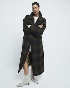 RIVER ISLAND Belted Coat - Olive Green Check SzS