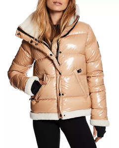 Jackets Coats: SAM Gigi Shearling-Trim Down Jacket - Biscuit SzS