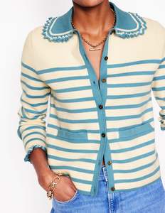 Cashmere: BODEN Frill Collared Cardigan - Ivory & Duck Egg SzM