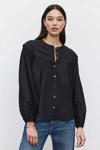 Blouses: VELVET Carden Broderie Anglaise Cotton Blouse - Black SzS