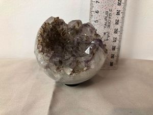 Open carved Amethyst ball 296g on Agate base - Phyllis Brown