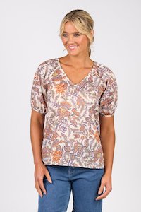 Printed V neck top with floaty sleeve tuscany
