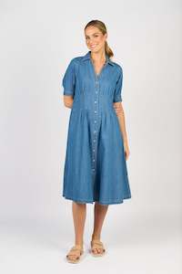 Vassalli: Cap sleeve shaped waist button up dress with pockets
