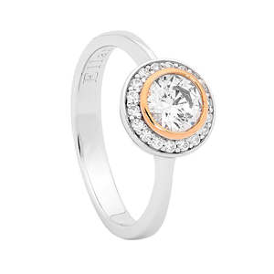 Rings: Ellani Sterling Silver & Cubic Zirconia with Rose Gold Plated Bezel Ring #19115