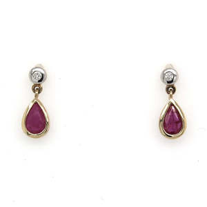 Earrings: 9ct Yellow Gold Ruby & Diamond Classic Pear Shaped Rub Over Drop Earrings #17821