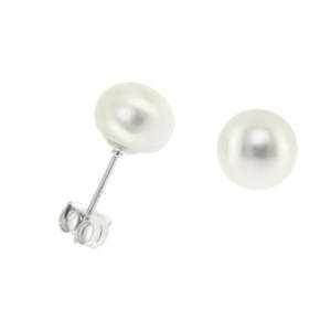 Earrings: 10ct Yellow Gold Fresh Water White Button 8mm Studs #24607