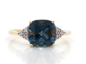 9ct Yellow Gold London Blue Topaz Diamond Cushion Cut Dress Ring #23264