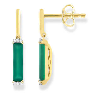 Earrings: 9ct Yellow Gold Diamond and Green Onyx Drop Earrings #24149
