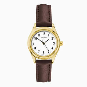 Watches: Sekonda Evans Ladies Watch | Gold Alloy Case & Brown Leather Strap with White Dial #25616