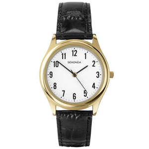 Watches: Sekonda Classic Gold Case Black Leather Strap Watch for Men 38mm #25604