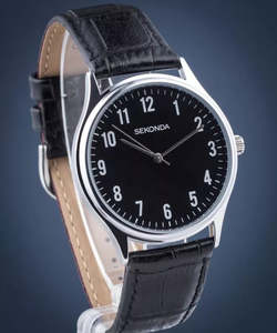 Watches: Sekonda Black Dial Silver Case Black Crocdile Strap Watch #25599