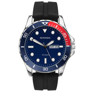 Watches: Sekonda Mens Blue Dial Watch Black Rubber Strap Quartz 43mm 50m #25598