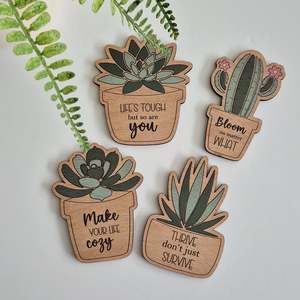 Laser Cut Wood Gifts: Decorative Fridge Magnets - 4 pc - Cactus & Succulent Decor