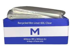 Rubbish Bags: FP Recycled Bin Liner 60L - Clear, 650mm x 900mm x 30mu (450) Per Box