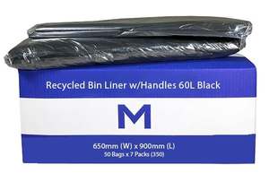 FP Recycled Bin Liner w/Handles 60L - Black, 650mm x 900mm x 30mu (350) Per Box