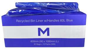 FP Recycled Bin Liner w/Handles 60L - Blue, 600mm x 1000mm x 30mu (500) Per Box